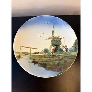 Antique Saxony Hand Painted Windmill Plate Dutch Canal Scene Blue Sky AS IS